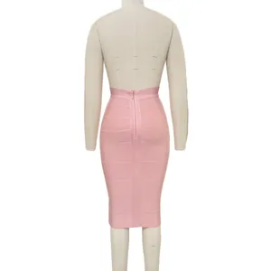 Detailed back view of a pink high-waisted bandage skirt featuring a hidden zipper.