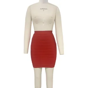 Macro view of a red bandage bodycon mini skirt showing horizontal texture details