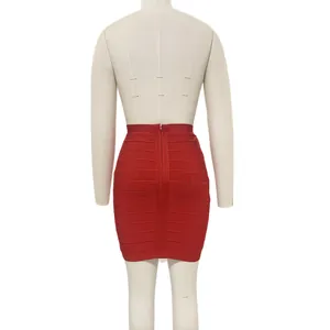 Detailed back view of a women's red bandage bodycon mini skirt with a hidden zipper