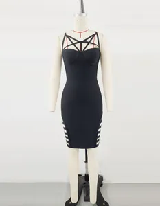Detailed front view of black bandage bodycon dress with strappy neckline
