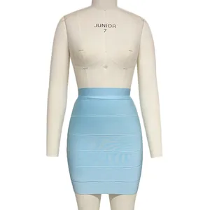 Detailed macro view of a light blue bandage mini skirt with horizontal ribbed fabric texture.