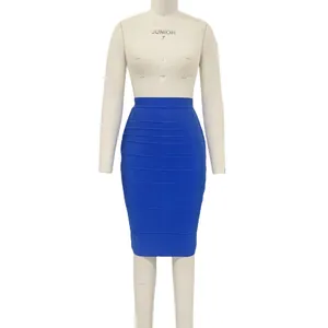 Close-up of a royal blue bodycon bandage midi skirt on a white mannequin