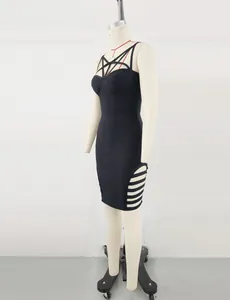 Side view detail of sexy black bodycon bandage dress with intricate strap designs