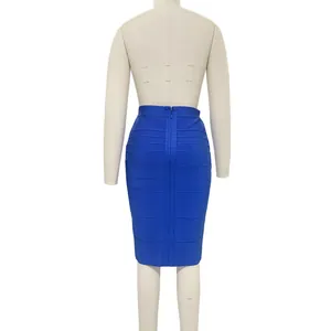 Back view of a royal blue bandage bodycon skirt featuring a central zipper closure.