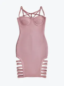 Detail view of a pink sexy bodycon bandage dress with side cutout straps