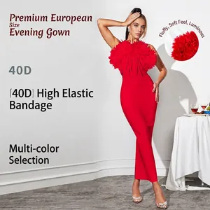 Women Sexy Bodycon Bandage Dress Luxury 3D Floral Decoration Tassel Strapless Sleeveless Evening Party Maxi Dress