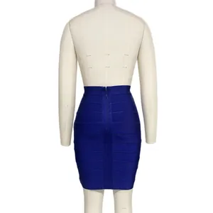 Detailed back view of a royal blue bandage mini skirt featuring a zipper closure.