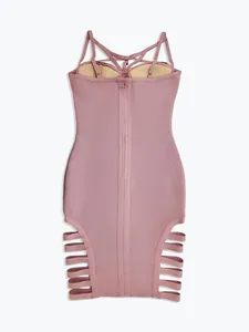 Mauve bodycon bandage dress with sexy side cutouts and a full length back zipper.