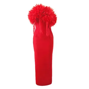 Elegant vibrant red bandage maxi dress featuring a dramatic 3D floral collar design