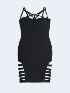 Sultry black bodycon bandage mini dress featuring a strappy neckline and edgy side cutouts
