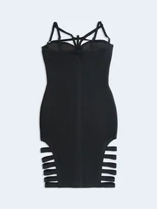 Back view of sexy black bandage bodycon dress with side cutout ladder detailing.