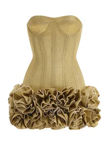 Elegant gold strapless bodycon mini dress featuring voluminous 3D rosette ruffled hem