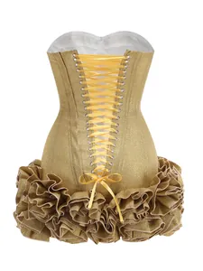 Close-up view of gold sequin corset dress featuring lace-up back and ruffled skirt edge.