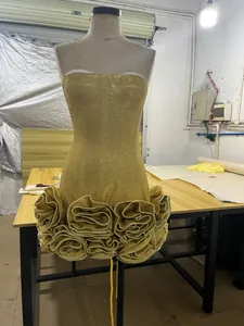 Women Gold Sequin Strapless Mini Dress Sexy Bodycon Banquet Dress With 3D Floral Hem Summer Sleeveless Polyester Dress