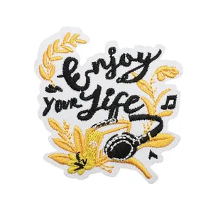 Inspirational 'Enjoy your Life' embroidered patch with headphones and floral design