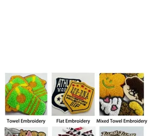 Detail of various embroidery styles including towel, flat, and mixed embroidery patches