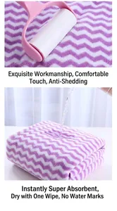 Macro detail of purple chevron absorbent towel showing lint-free and water absorption tests.