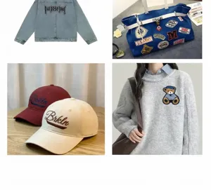 Detail view showing colorful towel embroidery patches on jackets, bags, and hats