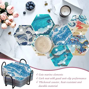 Zeshoekige DIY diamond painting onderzetter set met zeemotieven en metalen houder