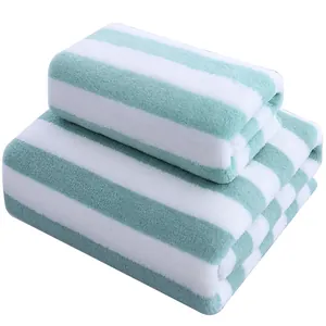 Soft mint green and white striped coral fleece towel and bath towel gift set for home