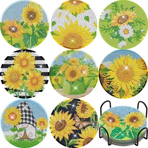 Detail van zonnebloem diamant schilderen onderzetters met diverse patronen en houder