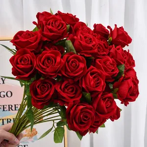 Artificial Velvet Rose Flower Long Stem Simulated Rose Wedding Party Home Decor Faux Floral Arrangement Valentine Gift