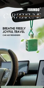 Detail view of the green tea scented car air freshener hanging in a vehicle