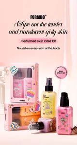 Close-up detail of FORMBO perfumed body spray and lotion gift set in pink cartoon packaging
