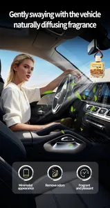 Parfum de voiture suspendu FORMBO dans un intérieur de luxe avec modèle, parfum pistache caramel