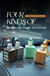 Set of four car air freshener pendants with tea-inspired fragrances in 8ml glass bottles