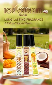 Set of three ice cream themed perfumes with mango, coconut, and cocoa scents in 10ml bottles