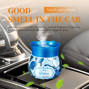 Macro detail of blueberry car air freshener jar with floral pattern in car interior.