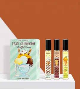 Detailed view of the 3-piece Venti Sweet ice cream perfume gift set with artistic box.