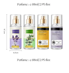 Set of four 88ml body spray bottles showing dimensions and fragrance varieties.