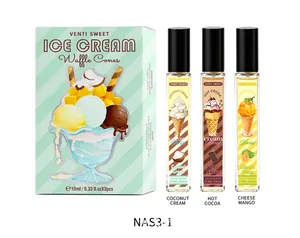 Ice cream themed perfume gift set featuring three scents: coconut, cocoa, and mango.