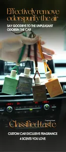 Close-up of four colorful hanging car air freshener bottles inside a car interior