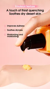 Close-up of hydrating yellow emulsion texture being applied to skin from a pump bottle