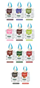 Various scents of hanging car air fresheners with elegant glass bottles and blue ropes