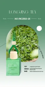 Detailed macro view of Longjing tea car air freshener bottle and its fragrance notes
