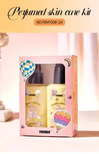 Detail view of FORMBO perfumed skin care kit gift box with body spray and body lotion