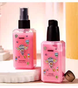 Detail of FORMBO pink body spray and lotion set with flying dreams design