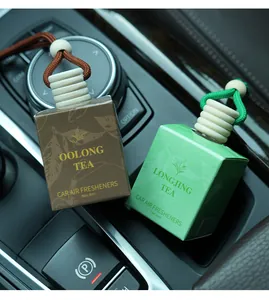 Detail of tea scented car air fresheners in Oolong and Longjing 8ml glass bottles
