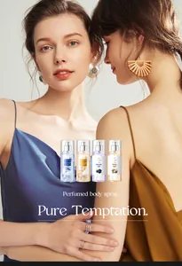 Two elegant models showcasing four diverse scents of long-lasting perfumed body spray mist.