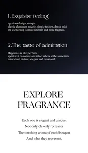 Detail view showing perfume features including exquisite scent and aluminum nozzle