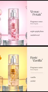 Long-lasting women's body mist collection showing Venue Petals and Basic Vanilla scents