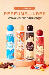 Detailed view of four colorful cartoon fragrance body sprays with sweet dessert themes