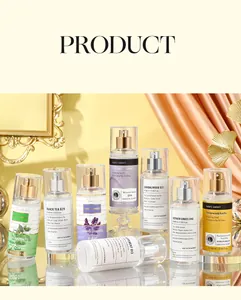 Variety of relaxing body mist perfumes in elegant clear bottles with gold and silver pumps.