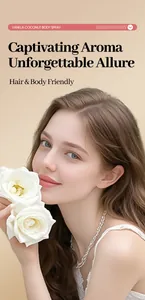 Detail view of a beautiful woman with white roses for vanilla coconut body spray