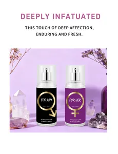 Artistic display of for him and for her fragrance body mist bottles with crystals