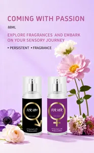 Elegant detail of for him and for her body mist bottles with vibrant floral backdrop